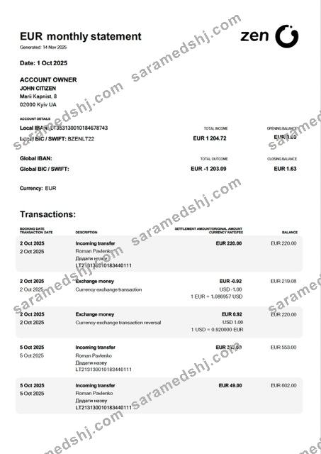 Ukraine ZEN account statement Word and PDF template